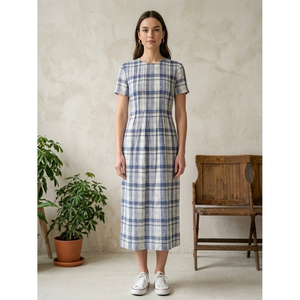 Women's Positive Attitude Blue Plaid Linen Blend Short Sleeve Midi Dress Size 14